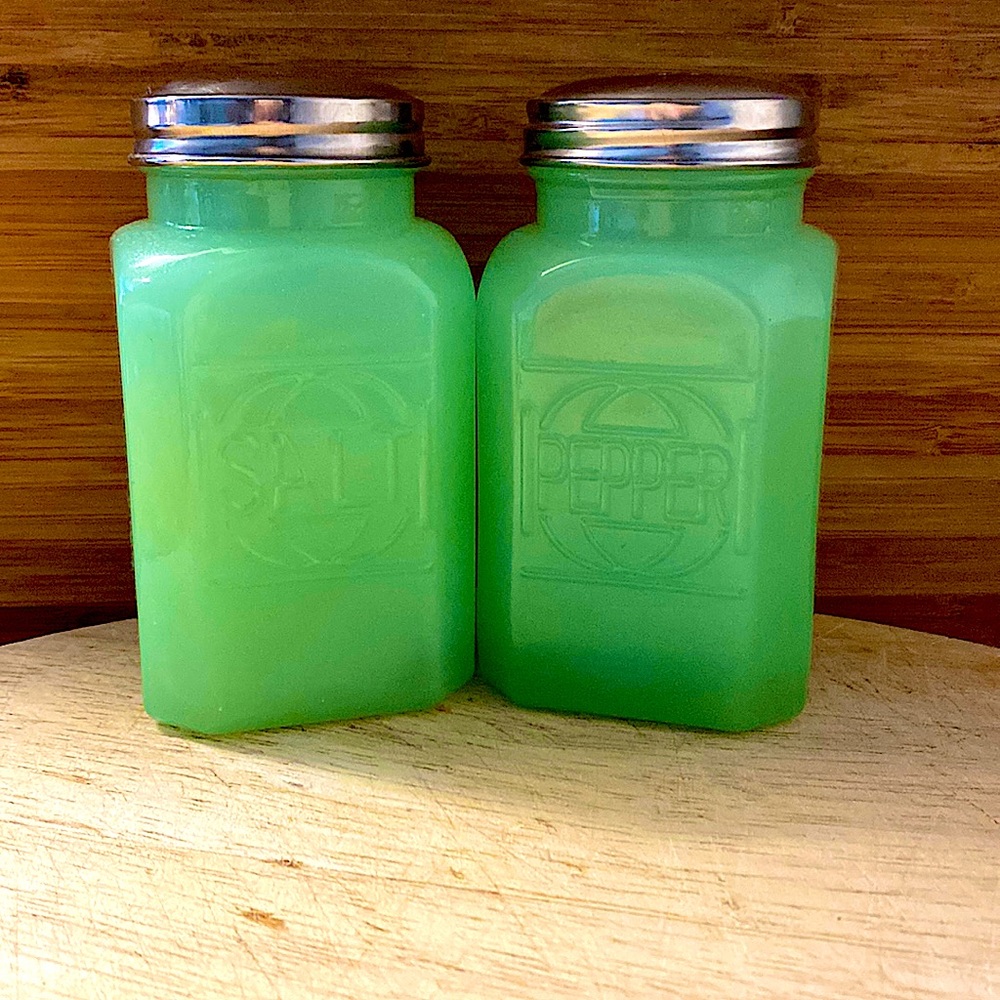 Jadeite style salt and pepper shakers 4.5inches high and two inches wide